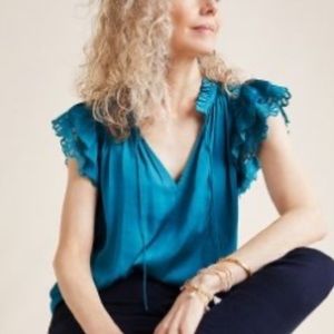 Anthropologie teal ruffled satin blouse S